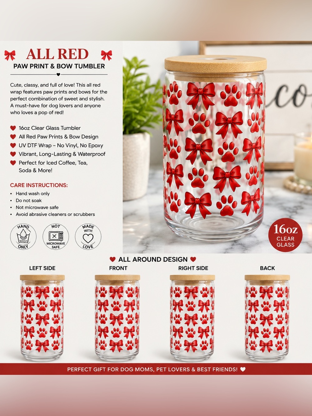16oz Glass Tumbler | All Red Paw Print & Bow